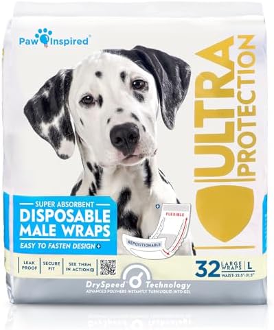 Paw Inspired Male Dog Wraps, Disposable Dog Diapers | Belly Bands for Small, Medium, Large Dogs (32 Count, Size Large)