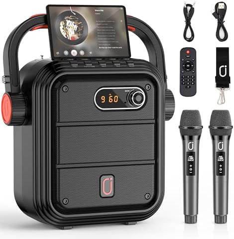 JYX Karaoke Machine with 2 Wireless Microphones, Portable Bluetooth Speaker PA System with Shoulder Strap, Subwoofer Support TWS, USB, Radio, AUX, REC, Bass&Treble for Home Party/Meeting/Adults/Kids