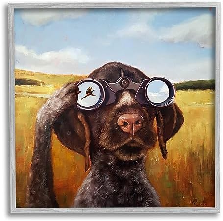 Stupell Industries Dog Watching Bird Binoculars Gray Framed Giclee Art Design by Lucia Heffernan