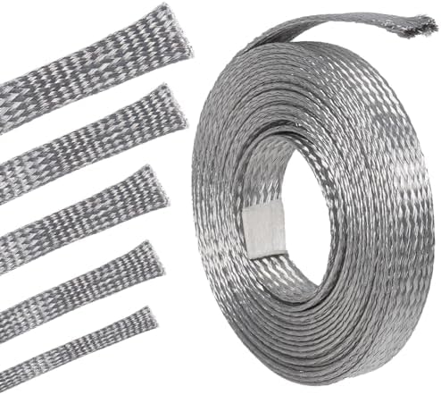 Tinned Copper Braid Metal Cable Shielding Sleeve Ground Straps Interference Wire Sheathing Flat Mesh (5/16 in Wide(0.20 in Dia)-28ft)