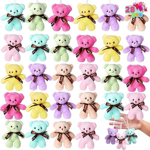 JOYIN 28 Pack Gift Cards with Bear Plush Toys, Cute Mini Animal Plush Toys Keychains for Boys Girls Party Favor, Classroom Exchange Cards and School Exchange Prize
