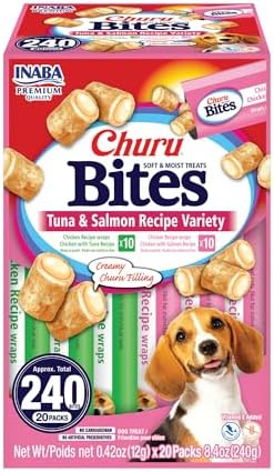 INABA Churu Bites Dog Treat, Grain-Free, Baked Chicken Filled with Churu, Chicken Recipe Wraps Tuna Recipe & Salmon Recipe 20 Pack Variety