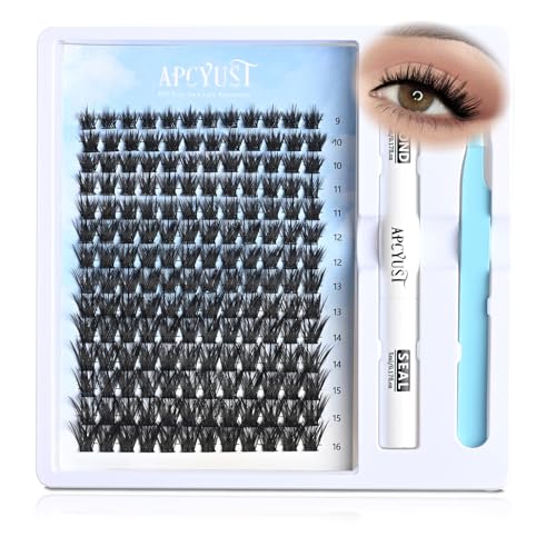 Lash Clusters Kit 9mm-16mm Eyelash Clusters C curl Lash Extension Kit Individual Lashes Cluster DIY Wispy Volume Lashes Natural Eye Lash Clusters False Mink Lash Trays with Lash Bond&Tweezers