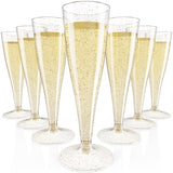 JOLLY CHEF 100 Pack Plastic Champagne Flutes Disposable 4.5 oz Gold Glitter Plastic Champagne Glasses Perfect for Wedding, Thanksgiving Day, Christmas