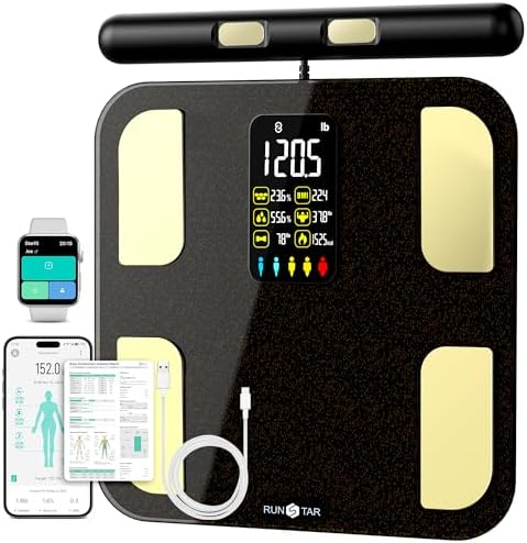 Scale for Body Weight, RunSTAR 8 Electrodes High Accurate Rechargeable Composition Analyzer with BMR Index Body Fat Digital Scale Composition Muscle & Fat Measurement Large Display 400lb