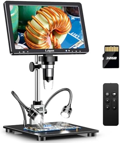 DM12 Digital Soldering Microscope 2000X, 10.1" Coin Microscope with 32GB TF Card, HDMI Microscope with 12 Lights, Adults IPS Video Microscope