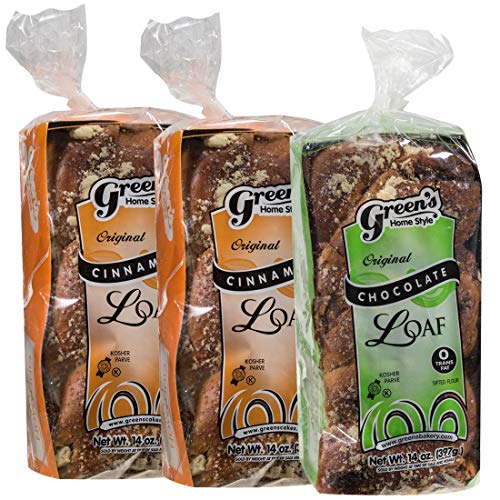 Green's Bakery (1) Chocolate and (2) Cinnamon Babka Cakes, 3 Pack 14 oz. Fresh and Delicious, OK Certified Kosher and Pareve Babka Bread, Dairy Free and Nut Free
