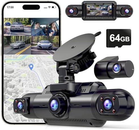 4-Channel Dash Cam Front and Rear Inside Left Right 360 View, Dash Camera for Cars with GPS WiFi, Free 64GB Micro SD Card, FHD 1080P, Compact Design