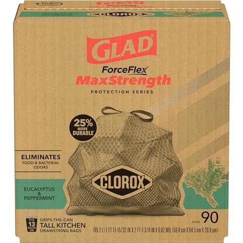 Glad Trash Bags, Tall Kitchen Garbage Bags ForceFlexPlus with Clorox, 13 Gallon, Eucalyptus and Peppermint, 90 Count (Package May Vary)