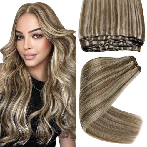 Sunny Human Hair Weft Extensions Highlights Sew in Human Hair Extensions Light Brown with Blonde Hair Extensions Real Human Hair Weft Brown Blonde Weft Hair Extensions for Full Head 14inch 70g