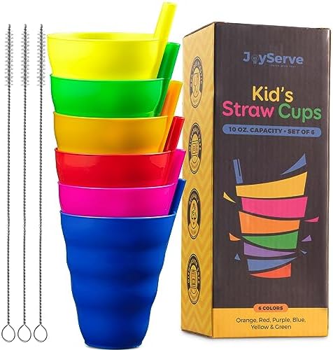Kids Straw Cups for Kids - (Set of 6) 10oz Tumbler w/Built-In Straws for Everyday Use, Stackable BPA-Free Plastic Sip-A-Cup Drink Tumblers for Water, Juice, Milk, Dishwasher Safe, Neon Colors