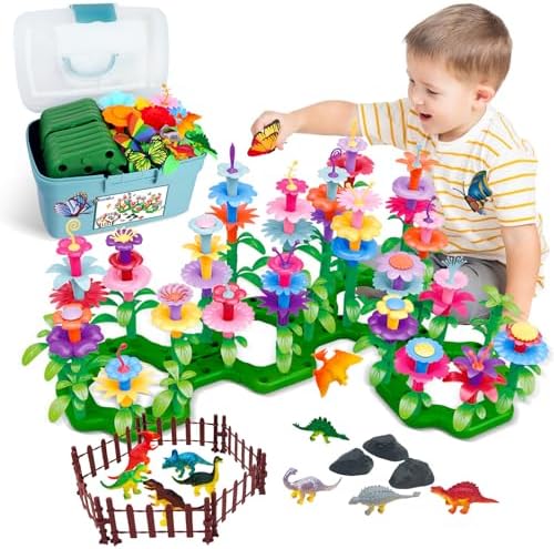 Birthday Toys Gifts for Toddlers Boys Girls Age 2 3 4 5 6,167 PCS Dinosaur Flower Garden Building Blocks,STEM Fine Motor Skill Stacking Games,Valentines Birthday Gifts for Preschool Kids 2+ Years Old