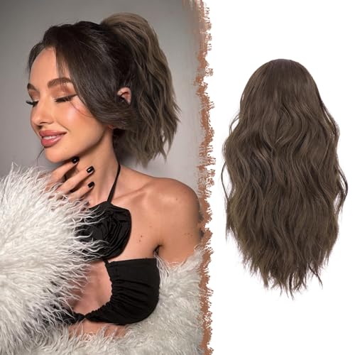 FESHFEN Ponytail Extensions, Drawstring Ponytails Hair Extension Brown Short Curly Wavy Hair Piece Synthetic Brown Pony Tail Hairpieces for Women, 12 inch