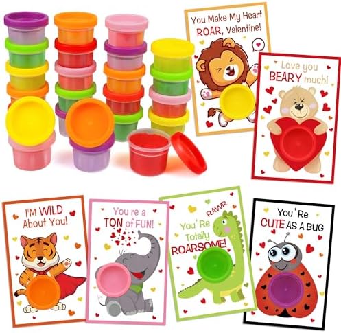 24 Pack Valentines Cards for Kids with Playing Dough, Valentines Day Gifts for Kids, valentines Day Cards for Kids School Classroom Exchange, Valentines Party Favors Valentines Goodies Bag Filler