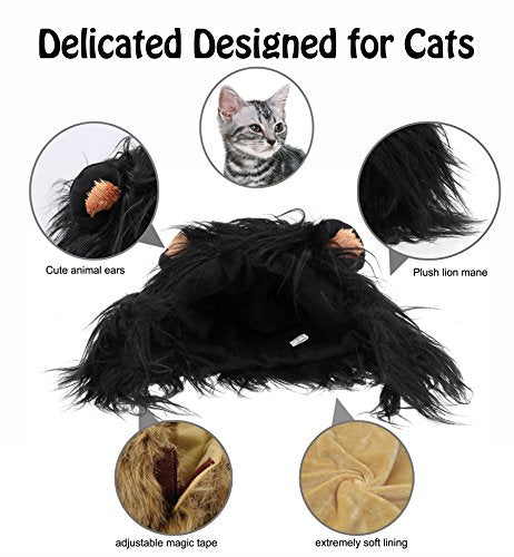 Onmygogo Lion Mane Wig for Cats, Funny Pet Cat Costumes for Halloween Christmas, Furry Pet Clothing Accessories (Size M, Black)