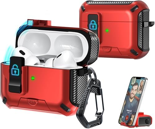 R-fun Compatible AirPods Pro 2nd Generation/1st Generation Headphone Cases, Fully Drop Proof Auto Eject Protective Cover Design, New Charging Port Dust and Stand Design,Black+Red