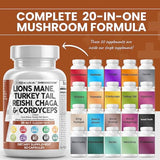 Clean Nutraceuticals 20-in-1 Mushroom Supplement – 3000 mg Lion’s Mane, 2000 mg Turkey Tail, Reishi, Cordyceps & More – 60 Capsules – Non-GMO, Gluten-Free