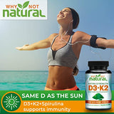 Vitamin D3 K2 (MK-7) with Organic Spirulina, 10000 IU Extra Strength Supplement in Veggie Capsules, Supports Bone Health, Immune System and Mood