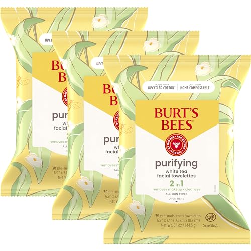 Burt's Bees Valentines Day Gifts, White Tea Face Wipes, for Sensitive Skin, Soothing Makeup Remover & Facial Cleansing Towelettes, 30 Ct. (3-Pack)
