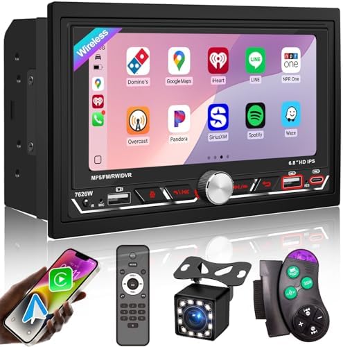 Wireless Apple CarPlay,Double Din Car Stereo,Bluetooth 5.2,FM AM Car Radio,HD 1280*600 Display,6.8" IPS Touchscreen,GPS Navigation,Android Auto,Backup Camera,MP5,Subwoorf,Type-C Fast Charging,Dual USB