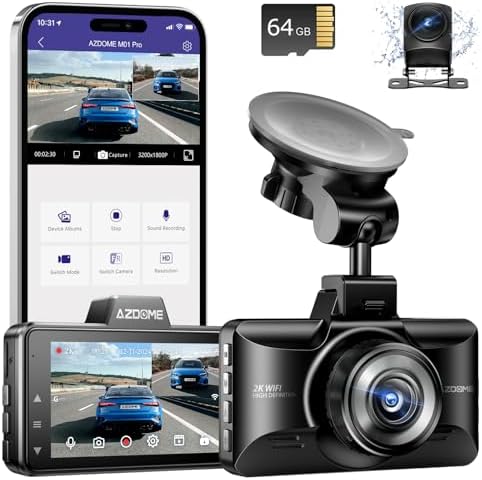 AZDOME Upgraded M01 Pro 3K WiFi Dash Cam Front and Rear, Free 64GB Card, App Control Dashboard Camera for Car, G-Sensor Parking Modes Dashcam, ADAS, Loop Recording