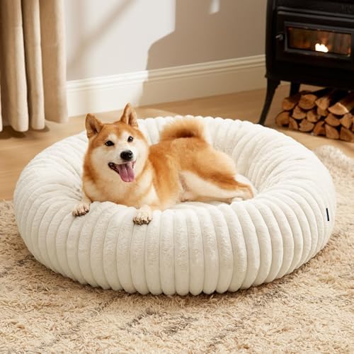 Bedsure Donut Large Dog Bed - Washable Faux Fur Dog Beds Large Sized Dog with Corduroy Fleece & Anti Slip Bottom, Round Pet Beds with Removable Cover, Cream, 36x36x10 inches