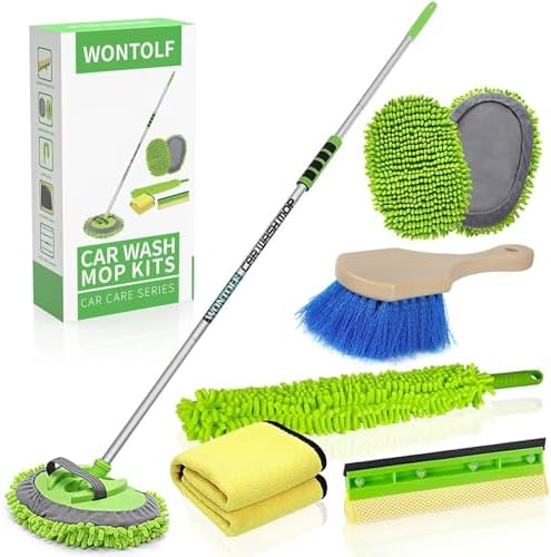 62'' Car Wash Brush with Long Handle Chenille Microfiber Car Wash Mop Mitt Car Cleaning Kit Windshield Window Squeegee Car Duster Microfiber Towels Wheel Tire Brush for Cars RV Truck Boat