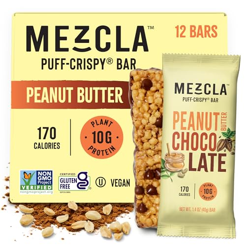 Mezcla Vegan Protein Bars, Gluten Free Snack Made with Pea Protein, Chocolate Chips and Other Premium Ingredients, Healthy Snacks, Peanut Butter Chocolate, 10g of Protein, 12 Pack