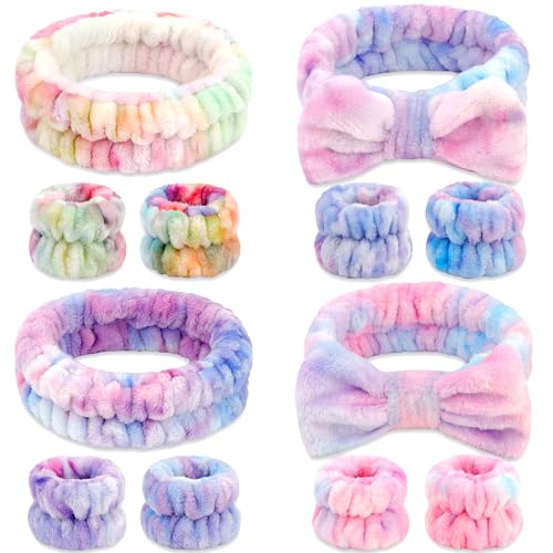 Chanaco Face Wash Headband 12Pcs Spa Headband and Wrist Bands for Washing Face Puffy Fuzzy Skincare Headbands for Women Teen Girl Gifts Trendy Stuff Hair Accessories for Women Girls
