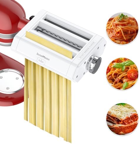 InnoMoon Pasta Attachment 3 in 1 Set for KitchenAid Stand Mixer Included Pasta Sheet Roller, Spaghetti Cutter, Fettuccine Cutter, Pasta Press Maker for Accessories, 8 Adjustable Thickness Knob