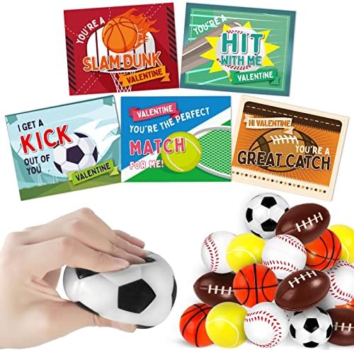 30 Pack Valentien's Day Cards for Kids with Mini Sports Balls for School Classroom,Valentine's Gifts Exchange, Squeeze Foam Balls for Valentine's Party Favors,Valentine's Prizes for Kids