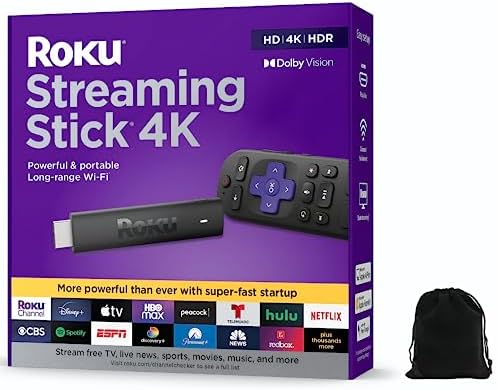 Roku Streaming Stick 4K | Video Streaming Device 4K/HDR/Dolby Vision with Roku Voice Remote and TV Controls, Includes Carrying Pouch