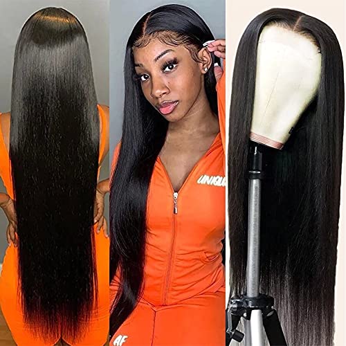 Subella 13x5 HD Straight Lace Frontal Wig Pre Plucked Hairline with Baby Hair Glueless 180% Density Transparent Lace Front Human Hair Wigs for Black Women Natural Black Color (28inch)