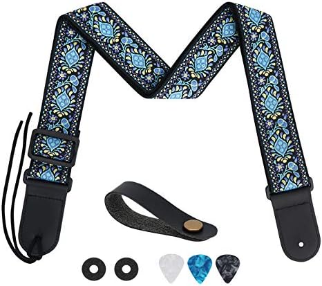 tifanso Guitar Strap, Soft Cotton Straps With 3 Pick Holders, Button Headstock Adaptor, 1 Pair Locks and 3 Picks Set For Electric/Acoustic Guitar(Blue)