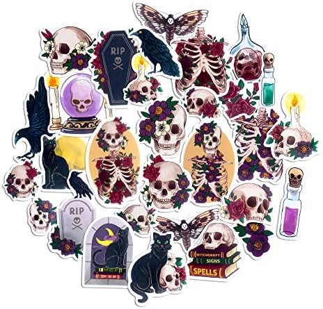 Navy Peony Eerie Gothic Skull Stickers (30 Pieces) - Witchy, Horror Themed, Waterproof | Scary Halloween Stickers for Laptop, Water Bottle, Phone Case