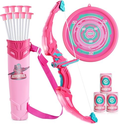 JOYIN Pink Bow and Arrow Set for Girls, LED Light Up Archery Toy Set with 9 Suction Cup Arrows, Target & Arrow Case, Christmas Indoor Outdoor Activity Toy for Kids Girls Ages 3-12