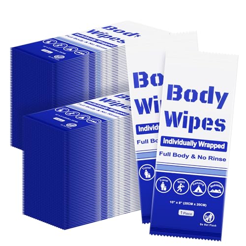 200Pcs Disposable Body Wipes, 7.8 x 9.8 inch Individually Wrapped Bath Wipes for Women Men in Bulk, No Rinse-Free Large Body Bath Shower Wipes for Home Travel Hotel Outdoors Camping After Gym (Blue)