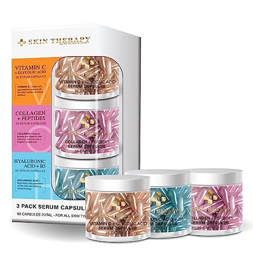 My Beauty Spot Facial Serum Capsules 3 Pack 90pcs Vitamin C Serum, Hylunaric Acid Serum, Collagen Serum for Face Anti Aging Anti Wrinkle Serum for Fine Lines
