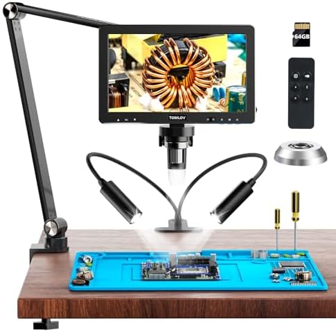 TOMLOV DM9 Max Flex 10.1" HD IPS Flexible Arm Digital Microscope 1500X, 20MP HDMI Soldering Microscope with Screen, LCD Coin Microscope for Error Coins, Flex Microscope for Soldering, PC/TV View, 64GB