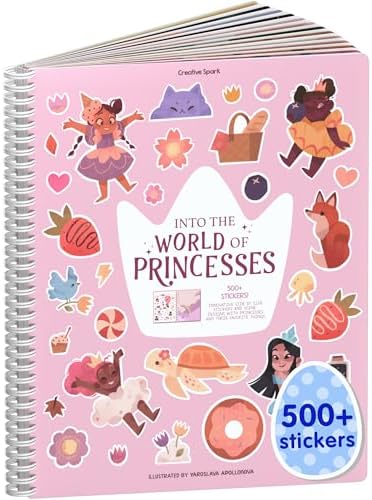 Princess Sticker Book Activity for Kids, World of Princesses by Cupkin, Toddler Airplane Travel Essentials, 500+ Stickers for Kids 12 Scenes + Coloring Book Pages, Girly Kid Gift, Crafts Ages 2-8