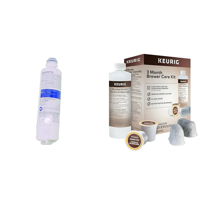 Bosch 11032531 Genuine OEM UltraClarity® Pro Water Filter Cartridge (White) for Bosch Refrigerators & Keurig 3-Month Brewer Maintenance Kit Includes Descaling Solution, Water Filter