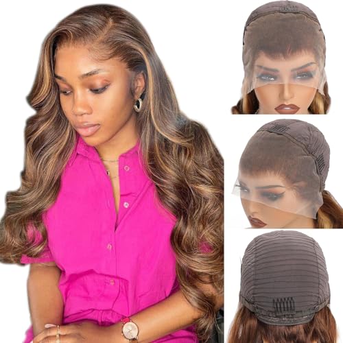 Aaliweya Highlight Lace Front Wigs Human Hair 4/27 Ombre 13x4 Body Wave Lace Frontal Wig for Women 180% Density Glueless Honey Blonde Wig Full and Thick Super Soft 18 inch
