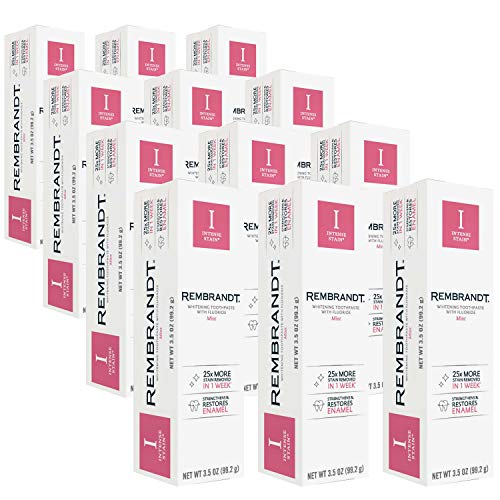REMBRANDT Intense Stain Whitening Toothpaste With Fluoride, Removes Tough Stains, Rehardens And Strengthens Enamel, Mint Flavor, 3.5 Ounce (Pack of 12)