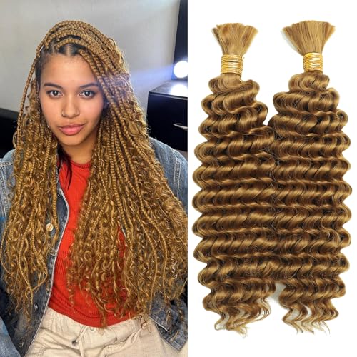 Deep Wave Bulk Braiding Hair for Boho Braids 18 Inch 2 Bundles 200g Honey Blonde Curly Boho Hair for Braiding No Weft Wet and Wavy Hair Extensions (#27)