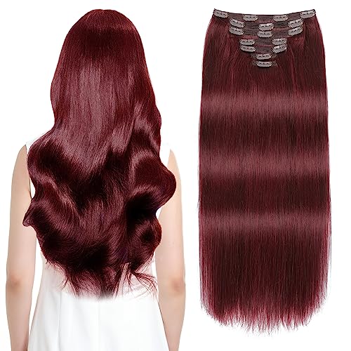 Sisily Clip in Hair Extensions Real Human Hair, 140g 7pcs Human Hair Clip in Hair Extensions Burgundy Red, Hair Extensions Real Human Hair Clip ins 16 Inch Straight Double Weft