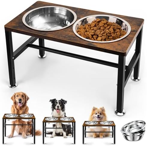 Elevated Dog Bowls, 3 Height Adjustable Raised Dog Water Food Bowl Wooden Metal Stand, 42OZ-Stainless Steel Bowls for Large Medium Small Dogs