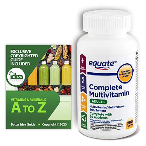 Equate Complete Multivitamin/Multimineral Supplement, Adults, 200 Count + “Vitamins & Minerals - A to Z - Better Idea Guide©” (1 Pack 200 ct)