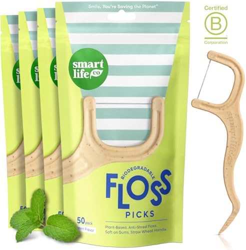 SmartLifeco Biodegradable Dental Floss Picks - Plant Based Handle, Thin Thread Tooth Flossers for Adults & Kids, Eco Friendly Toothpick Soft on Gum & Teeth, Compostable Zero Waste Vegan, 200 Mint