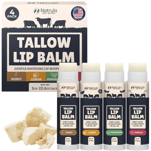 Beef Tallow Lip Balm – Natural Tallow Beeswax Chapstick – Hydrating Grass Fed Beef Tallow Honey Balm Lip Care – Soothes Chapped Dry Sensitive Lips – Long Lasting Vitamin Rich USA-Made Variety Pack
