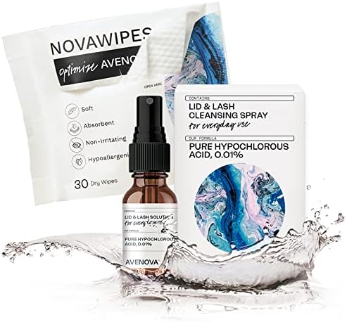 Avenova Eyelid and Eyelash Cleanser Spray with 30 Dry Wipes - Gentle Everyday Hypochlorous Acid Lid and Lash Cleansing Spray for Clearer and Healthier Eyes, 20mL